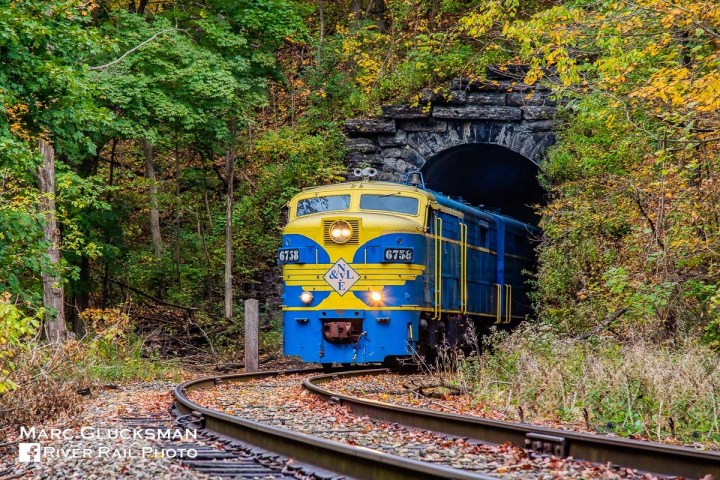 a train traveling down train tracks near a forest