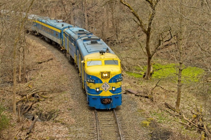 a train traveling down train tracks near a forest