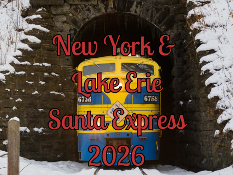 A yellow train exits a snow-covered tunnel; text reads 'New York & Lake Erie Santa Express 2026'.