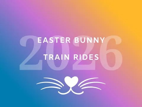 Gradient background with '2026 Easter Bunny Train Rides' and a heart with whiskers.