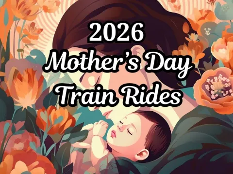 Floral illustration of mother and baby with text '2026 Mother's Day Train Rides'