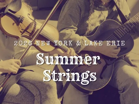 Two musicians playing a violin and guitar, text reads '2026 New York & Lake Erie Summer Strings'.