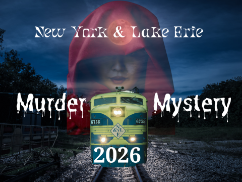 Train with text 'New York & Lake Erie Murder Mystery 2026' and shadowy figure in red hood.